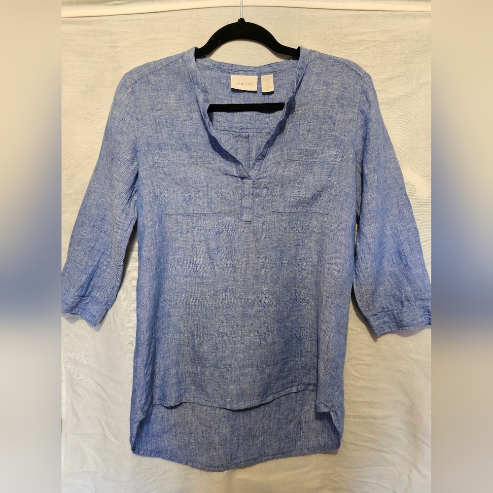 Chico's Leslie Linen Shirt 3/4 Sleeve Chambray Tunic Top Blue/Denim Color